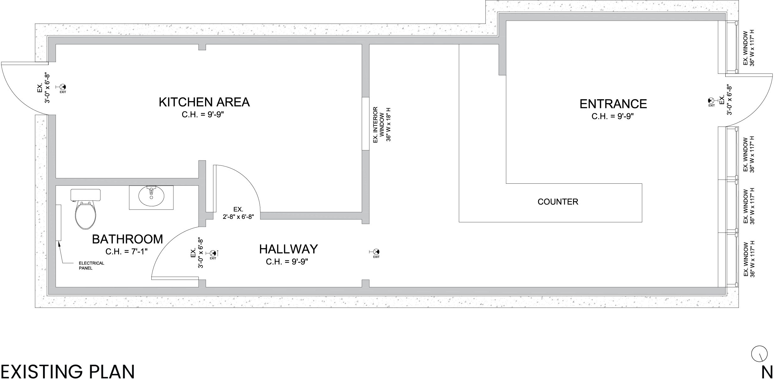 Existing plan: Existing plan of Gailmont Bakery interior layout and structure.